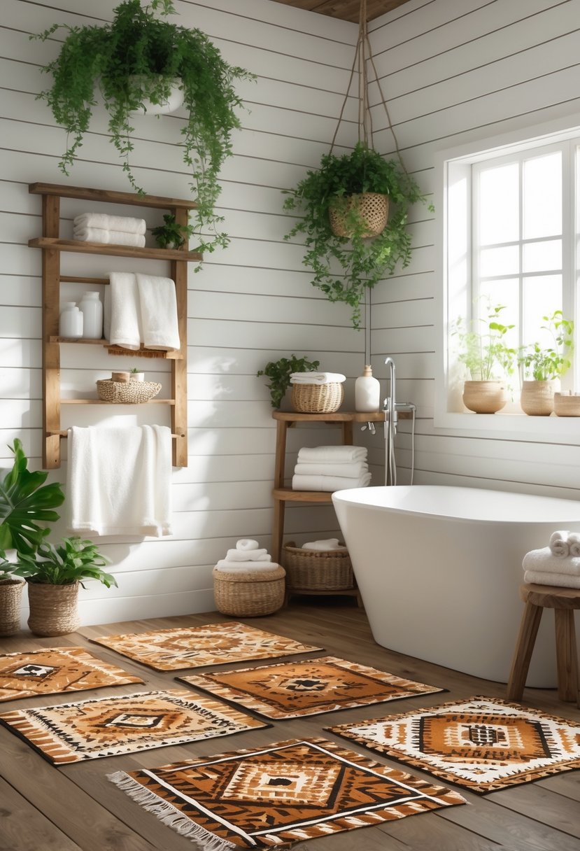 A bright bathroom with wooden floors and several patterned shower mats arranged near a white bathtub, surrounded by plants and rustic wooden shelves.