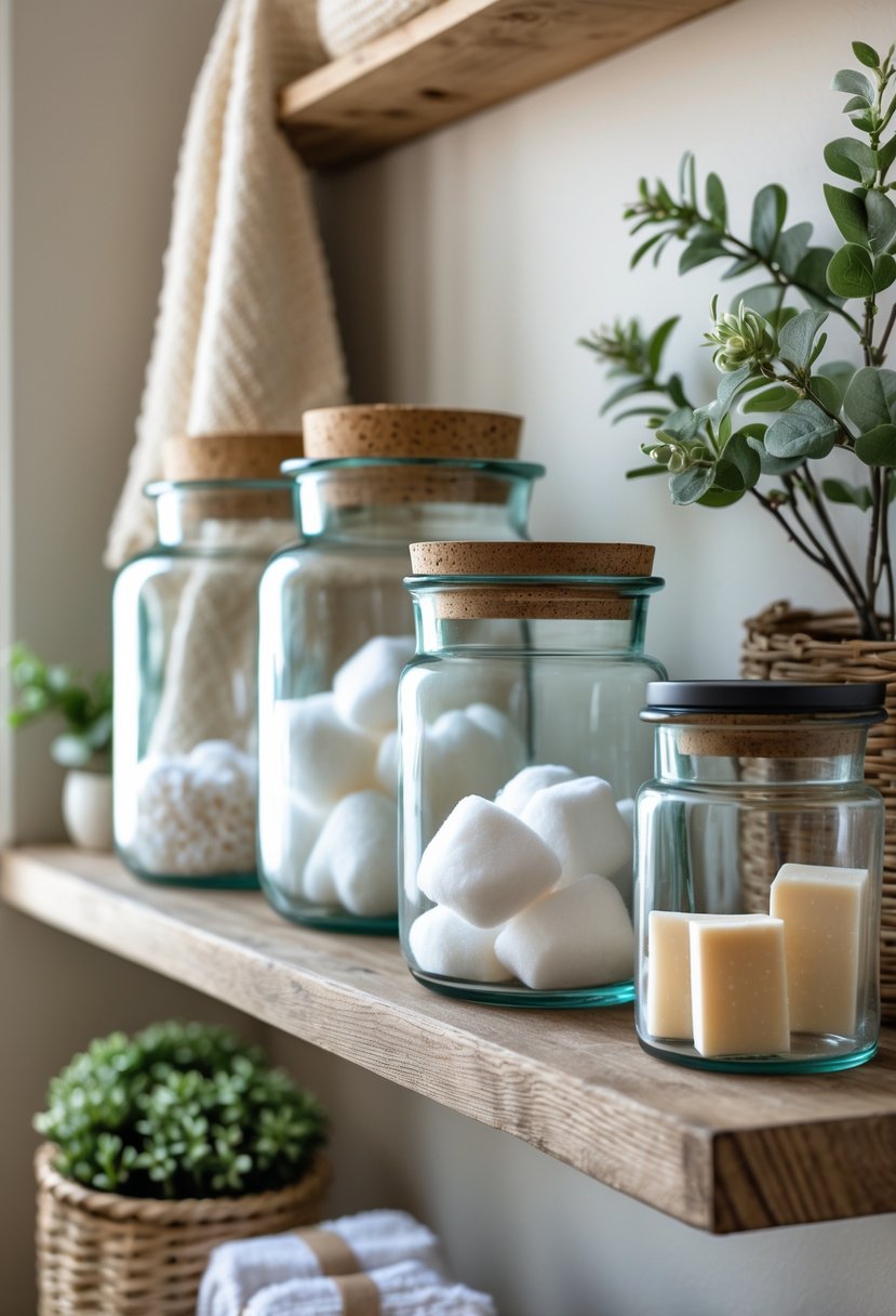 A bathroom shelf with vintage glass jars filled with cotton balls, bath salts, and soaps, surrounded by towels and small plants.