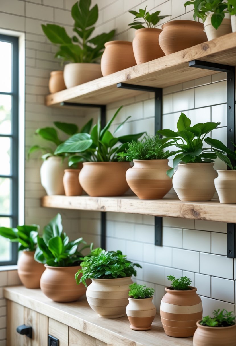 A bathroom with wooden shelves and countertops holding various earth-toned pottery planters filled with green plants, set against white tiled walls and black fixtures.