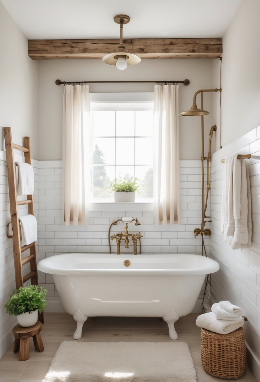 A guest bathroom with a white clawfoot tub, wooden towel rack, potted plant, and natural light coming through a window.
