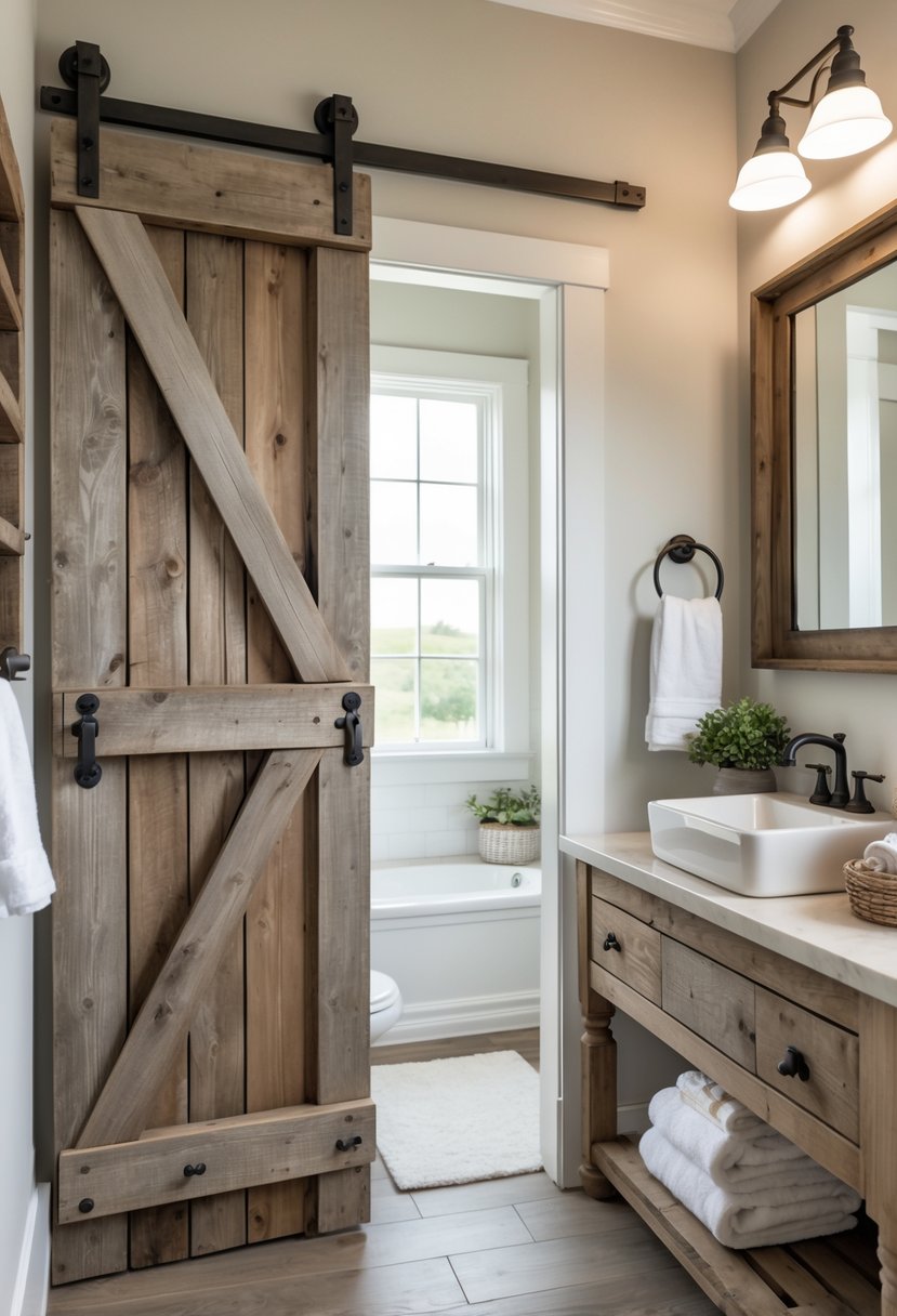 Guest bathroom with a reclaimed barn door, white sink, wooden mirror, and natural light.
