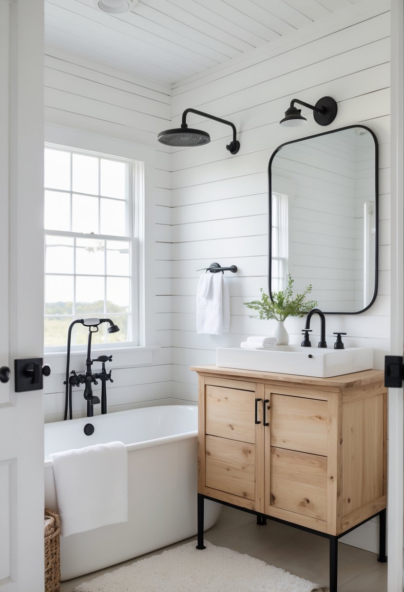 A bright guest bathroom with black matte fixtures, a wooden vanity, white walls, a freestanding bathtub, and natural light.