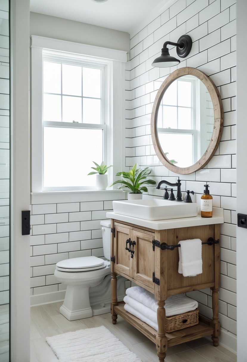 A guest bathroom with white subway tile walls, dark grout, a wooden vanity, a round mirror, and natural lighting.