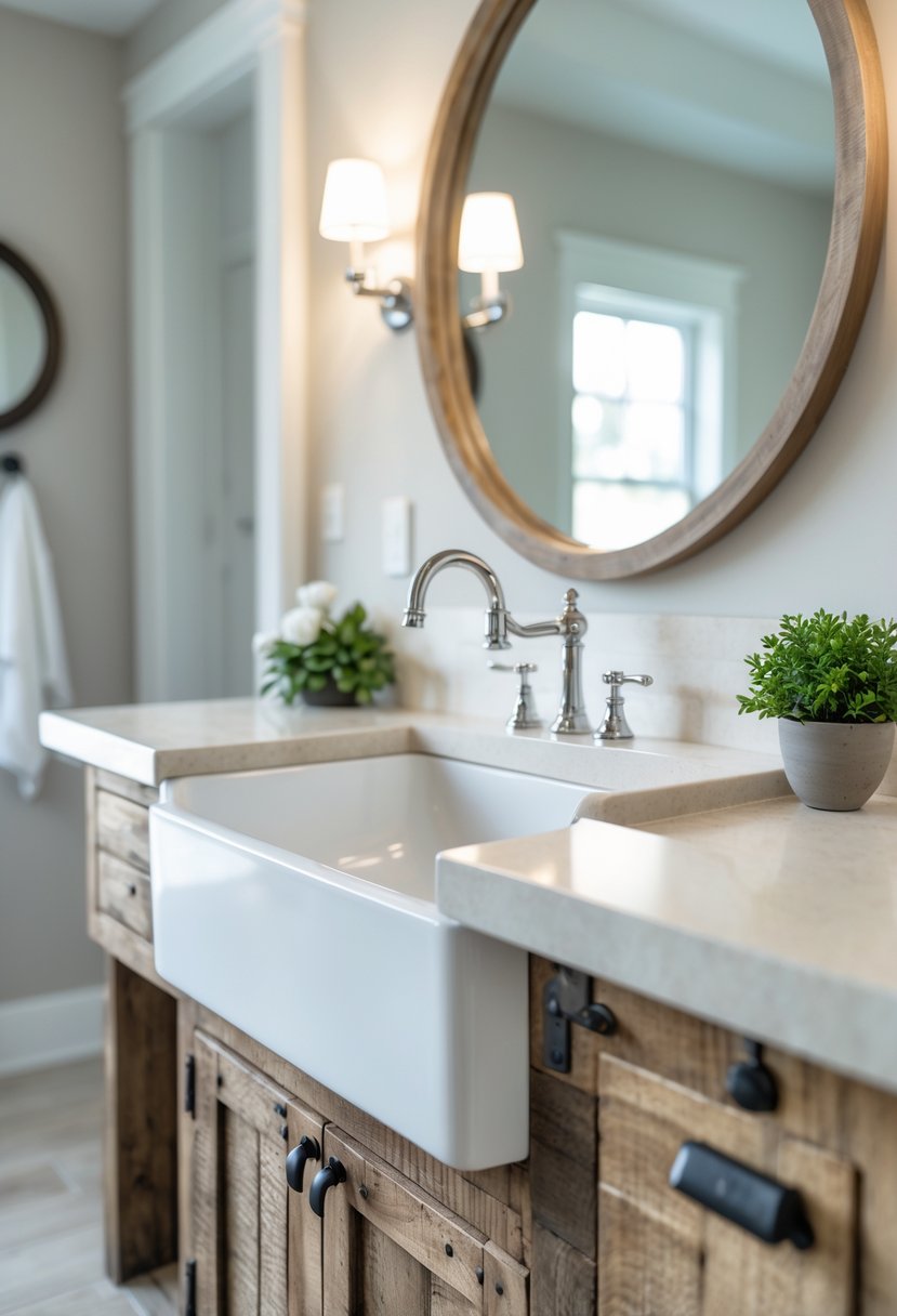 Bathroom with a distressed wood vanity and a white farmhouse sink under a round mirror.