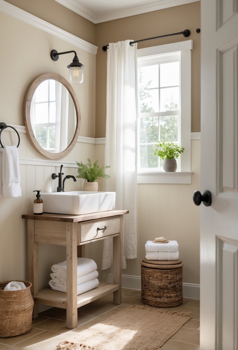 A bright guest bathroom with neutral warm-colored walls, wooden vanity, round mirror, potted plant, and natural light coming through a window.