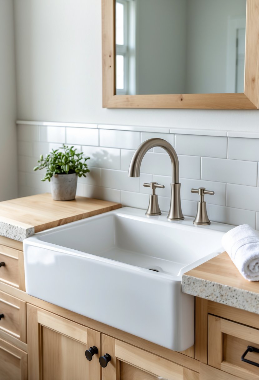 A white farmhouse bathroom sink with a brushed nickel faucet installed on a wooden countertop in a bright bathroom.