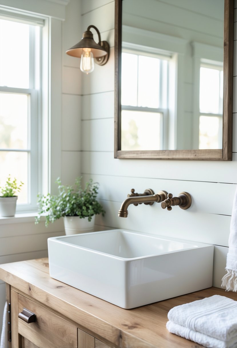 A white drop-in bathroom sink installed on a wooden countertop with a bronze faucet, a small plant, and a towel in a bright bathroom.