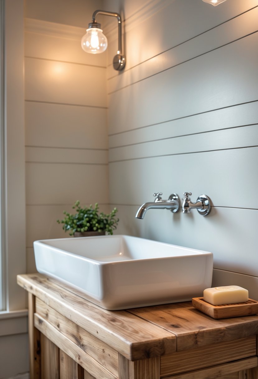 A farmhouse bathroom sink mounted on a wooden vanity with a chrome faucet and neutral background.