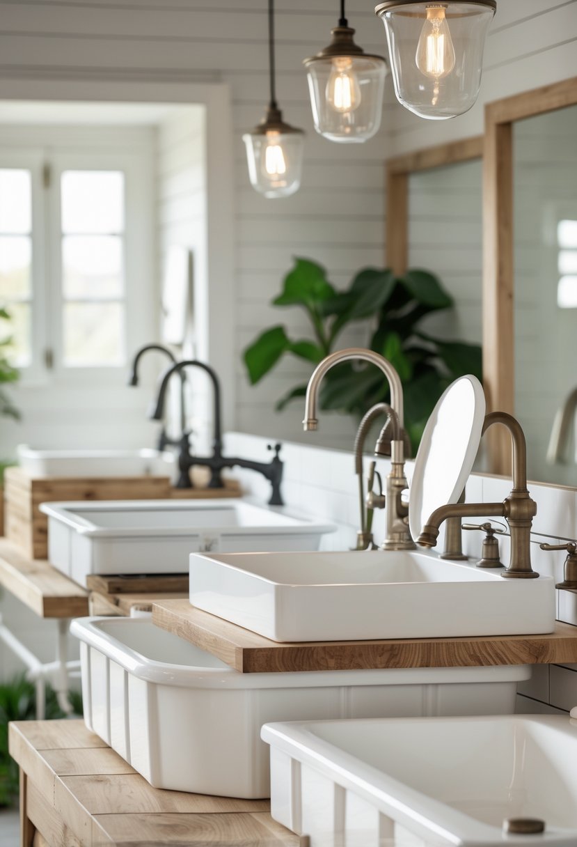 A showroom displaying ten white farmhouse bathroom sinks arranged on wooden countertops with bathroom decor in the background.