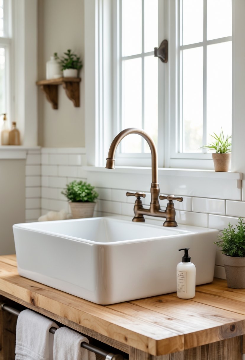 A white farmhouse bathroom sink set into a wooden countertop with a bronze faucet and natural light from a window.