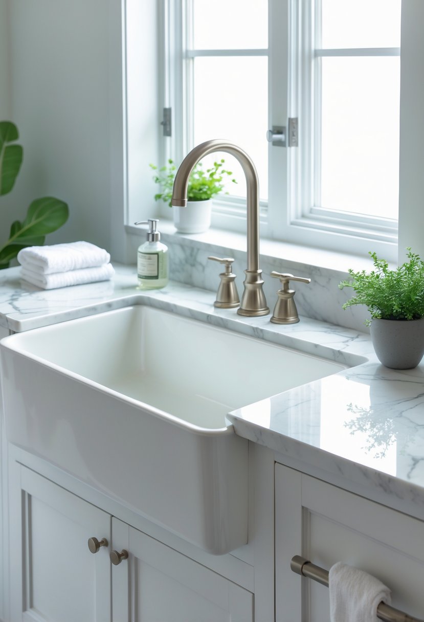 A large white enamel farmhouse sink installed under a marble countertop with a brushed nickel faucet and bathroom accessories around it.