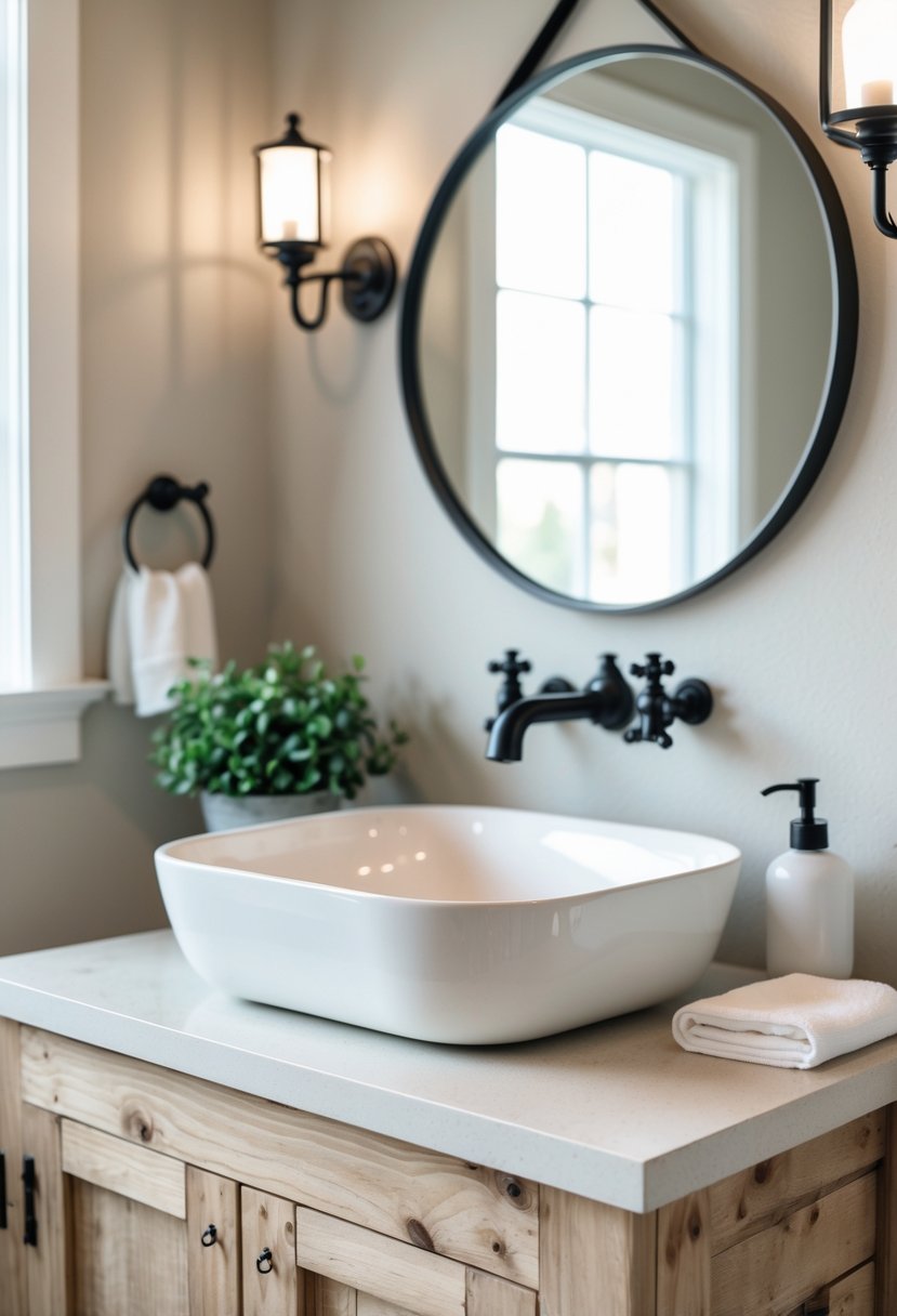 A farmhouse bathroom sink on a wooden vanity with a black faucet, a round mirror, and a small plant on the countertop.