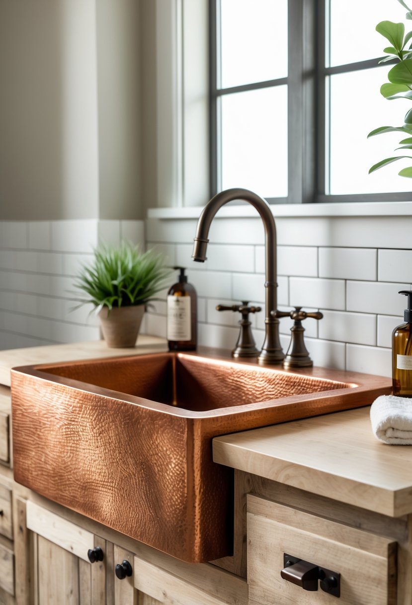 A farmhouse bathroom with a copper apron-front sink mounted on a wooden vanity, surrounded by a white tile backsplash and natural light from a window.