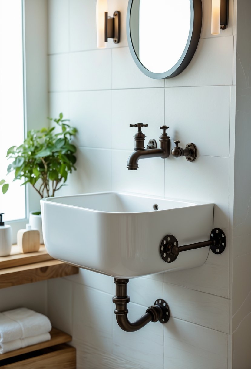 A white farmhouse wall mount sink installed on a tiled bathroom wall with a wooden countertop and bathroom accessories nearby.