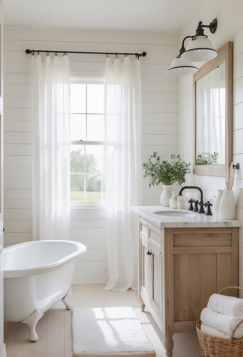 A bright farmhouse bathroom with white walls, a clawfoot bathtub, wooden vanity, and natural light coming through a window.