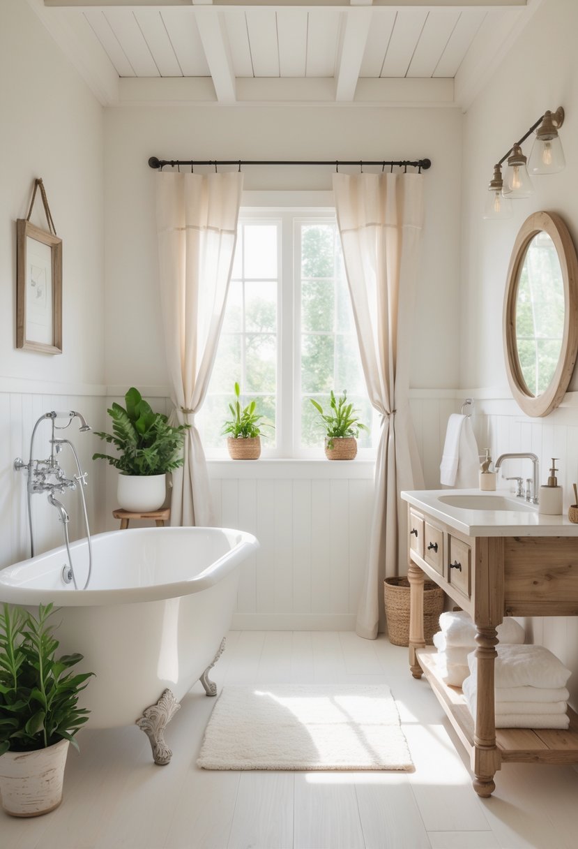 A bright farmhouse bathroom with off-white walls, a freestanding bathtub, wooden vanity, round mirror, and natural light coming through a window.