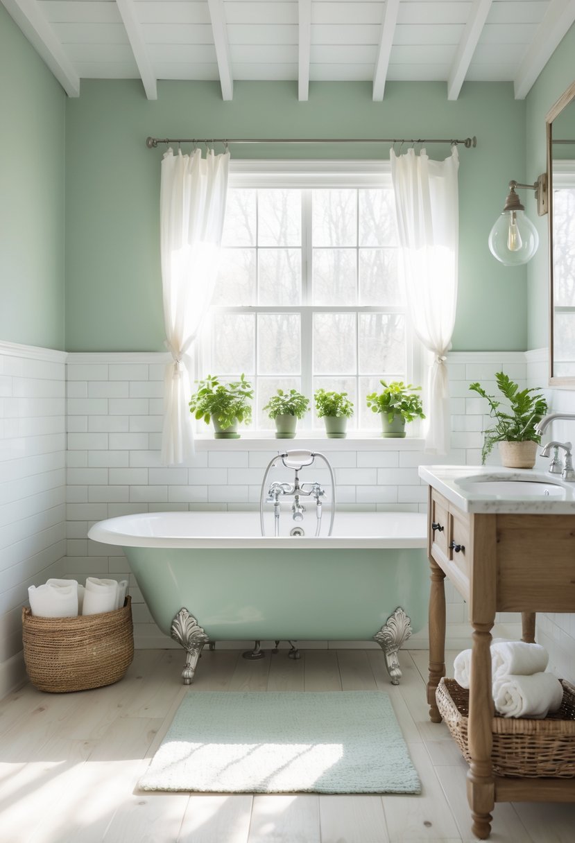 A farmhouse bathroom with a clawfoot bathtub, wooden vanity, green walls, and natural light coming through a window with plants on the sill.