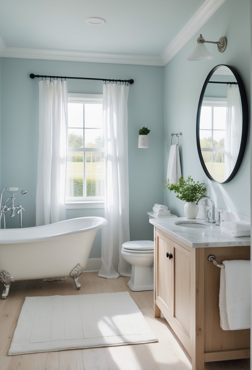 A farmhouse bathroom with pale blue-gray walls, a white clawfoot bathtub, wooden vanity, round mirror, and natural light coming through a window.