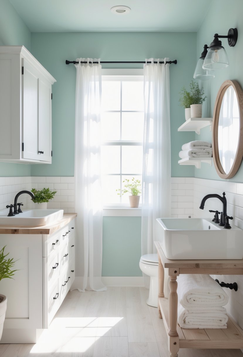 A farmhouse bathroom with soft greenish-blue walls, white cabinetry, a farmhouse sink, wooden countertop, and natural light coming through a window.