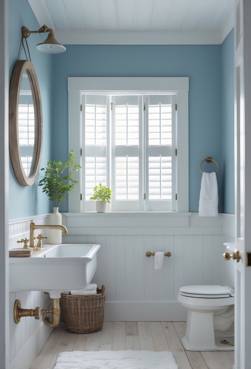 A farmhouse bathroom with soft blue walls, a white sink, a round wooden mirror, and natural light coming through a window.