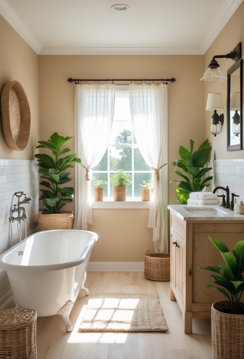 A bright farmhouse bathroom with beige walls, a white clawfoot bathtub, wooden vanity, and green plants.