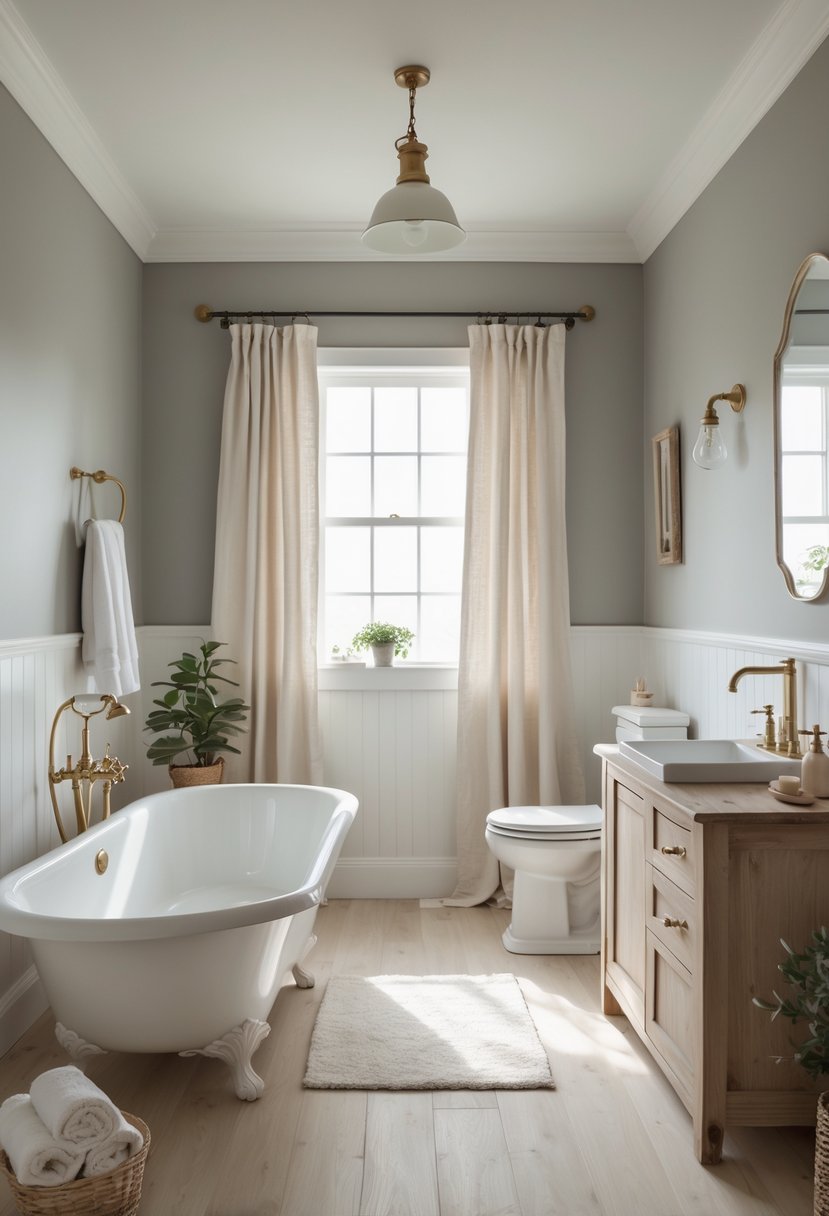 Farmhouse bathroom with a freestanding bathtub, wooden vanity, and soft gray walls illuminated by natural light.