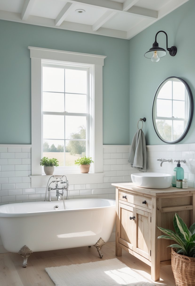 A farmhouse bathroom with a white bathtub, wooden vanity, round mirror, and green plants, painted in a soft blue-green color.