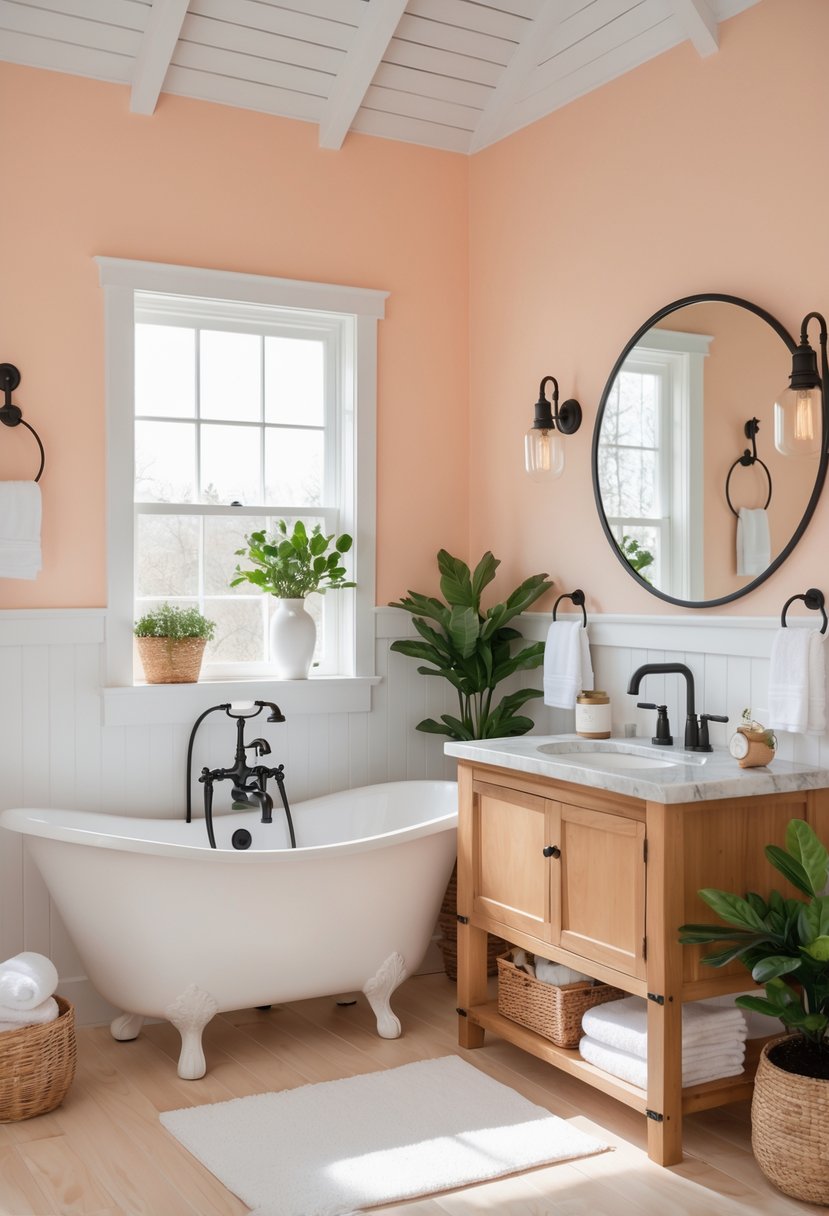 A farmhouse bathroom with soft peach-colored walls, a white freestanding bathtub, wooden vanity, round mirror, and natural light coming through a window.