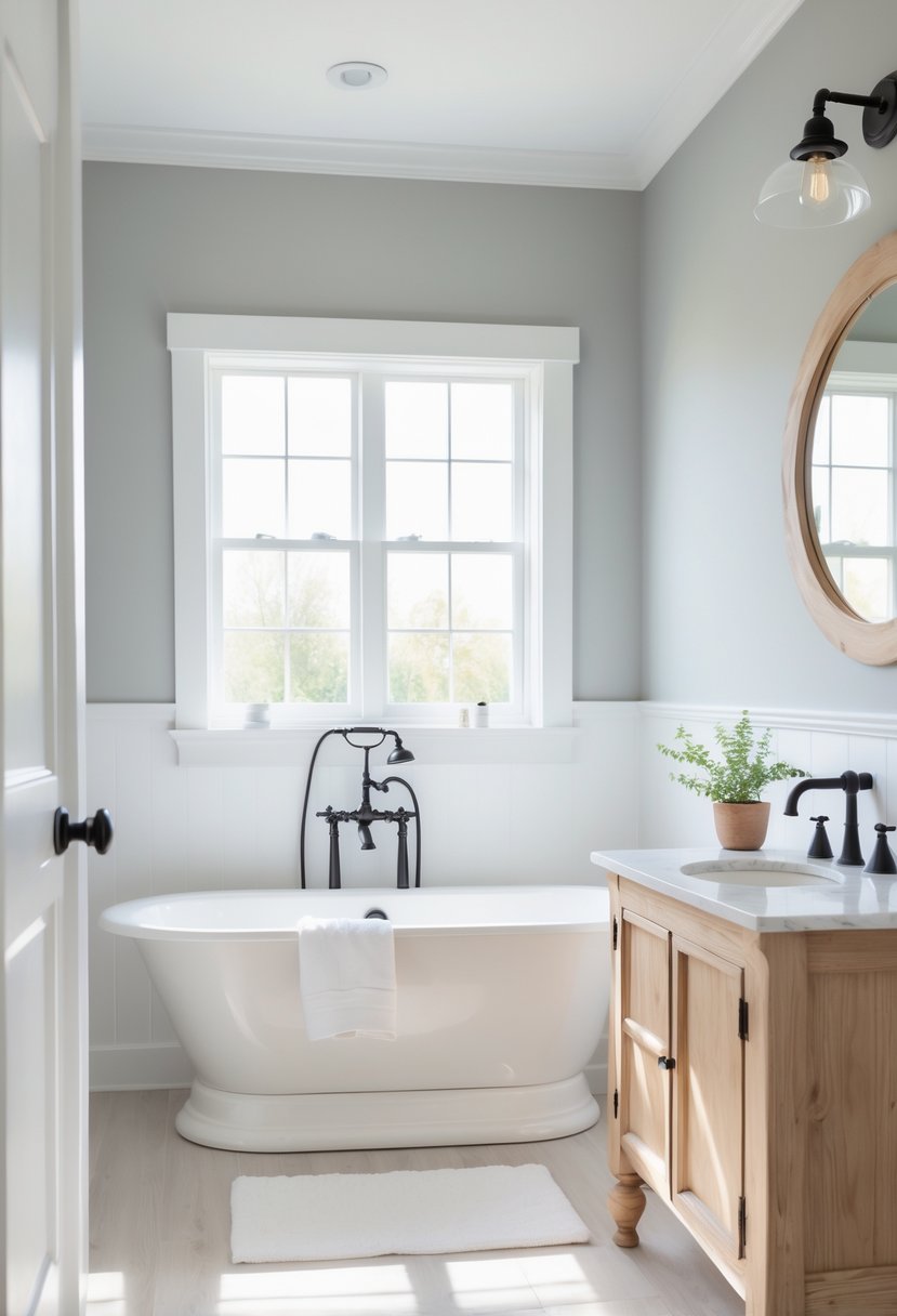 A farmhouse bathroom with gray walls, a white freestanding bathtub, wooden vanity, round mirror, and natural light.