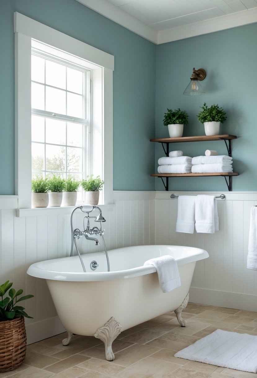 A farmhouse bathroom with soft blue walls, a clawfoot bathtub, wooden shelves with towels and plants, and natural light coming through a window.