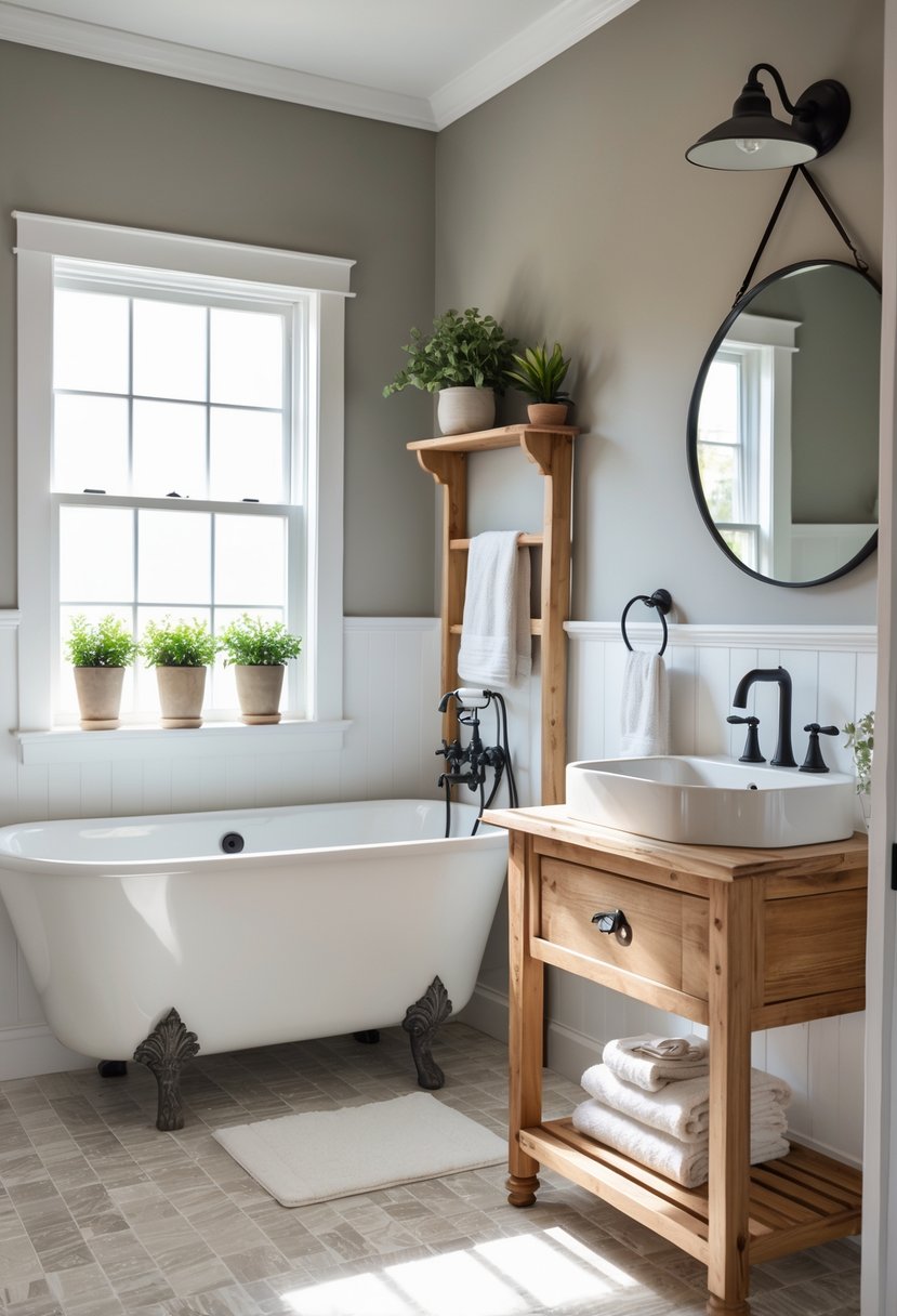 A farmhouse bathroom with gray walls, a white freestanding bathtub, wooden vanity, round mirror, and green plants on a shelf.