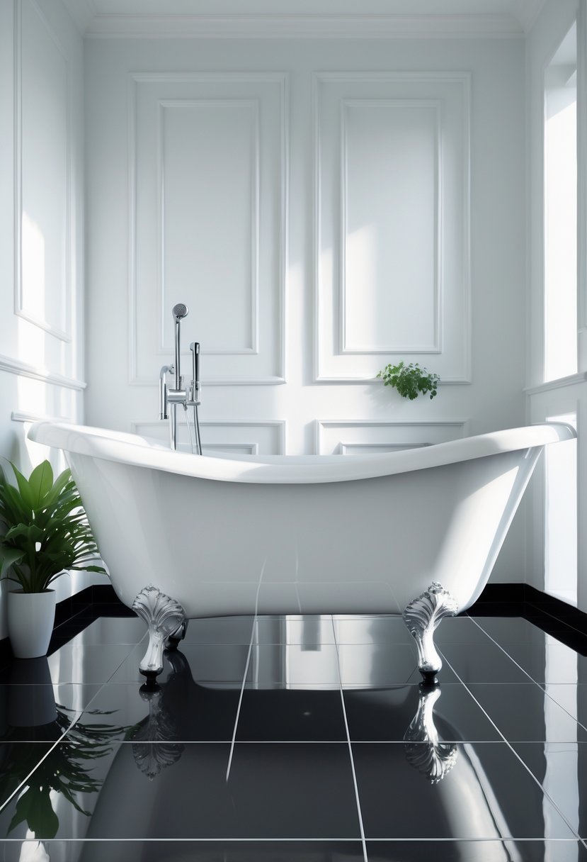 A white clawfoot bathtub on a black tiled floor in a bathroom.