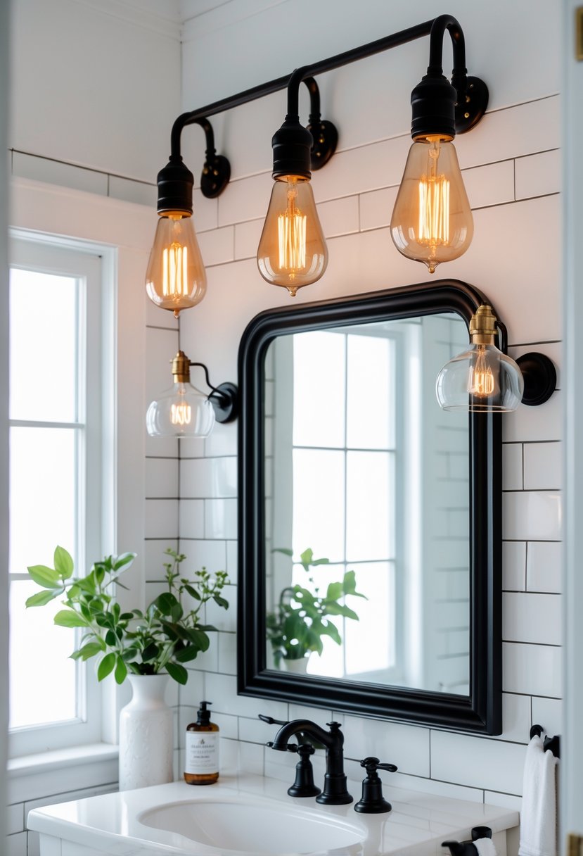 A bathroom with black metal light fixtures and vintage Edison bulbs above a mirror, white tiled walls, and a sink.