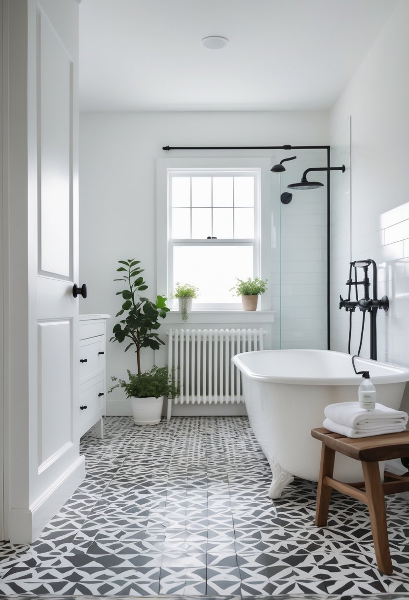 A bright bathroom with black and white patterned floor tiles, a white bathtub, and simple decor including a small plant and towels.