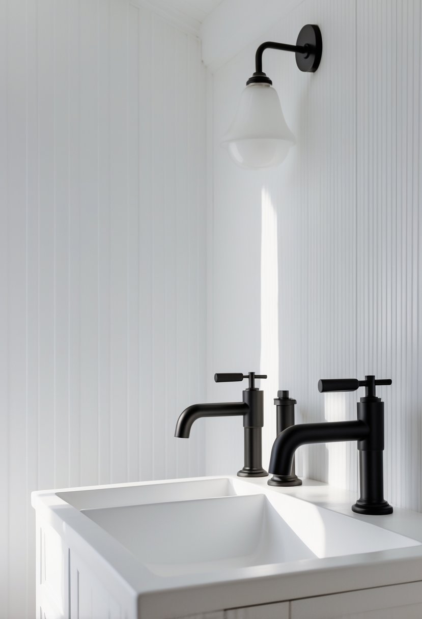 Bathroom with white beadboard walls and black faucets over a white sink.