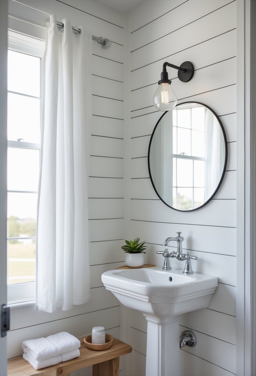 A bright half bathroom with white shiplap walls, a pedestal sink, a round mirror, and a small plant on a wooden shelf.