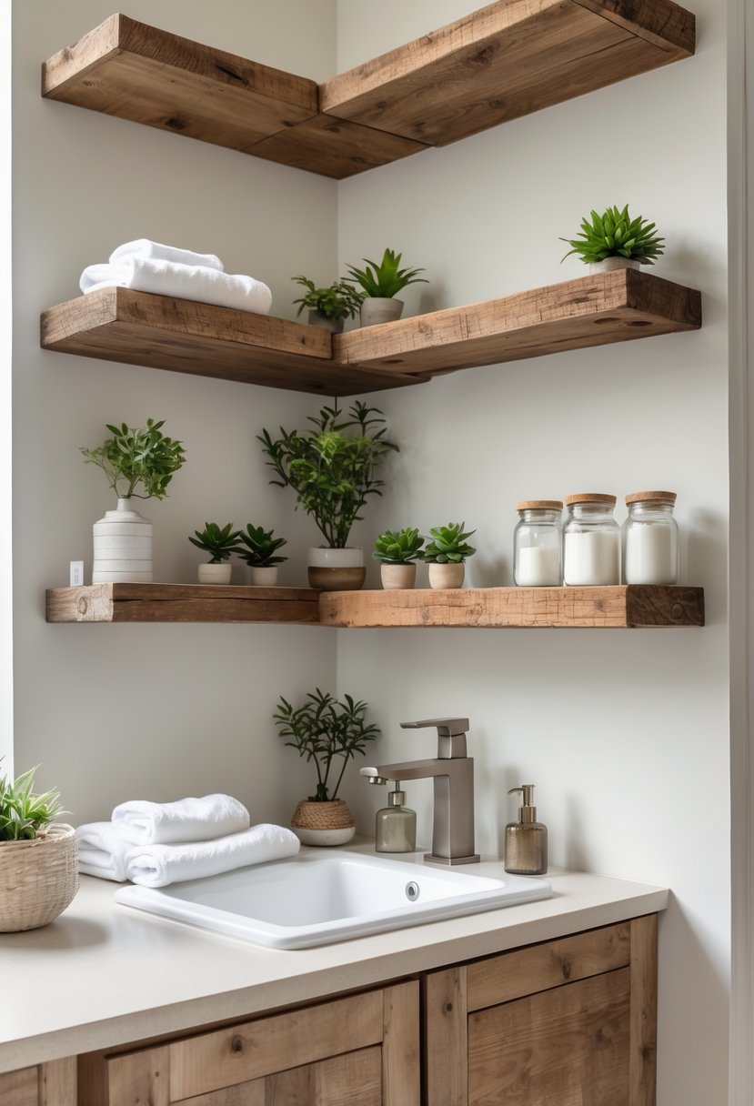 Half bathroom with wooden floating shelves holding plants, towels, and bathroom accessories above a sink.