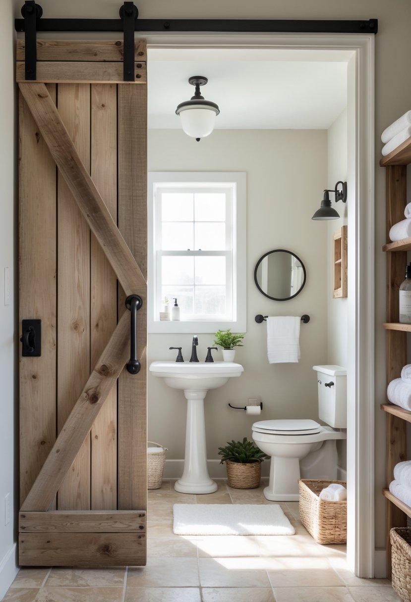 A small bathroom entrance with a vintage wooden barn door, showing a pedestal sink, round mirror, and simple decor inside.