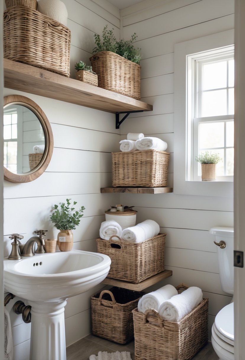 A small bathroom with white walls, wooden shelves holding woven wicker baskets filled with towels and plants, a pedestal sink, and a round mirror.