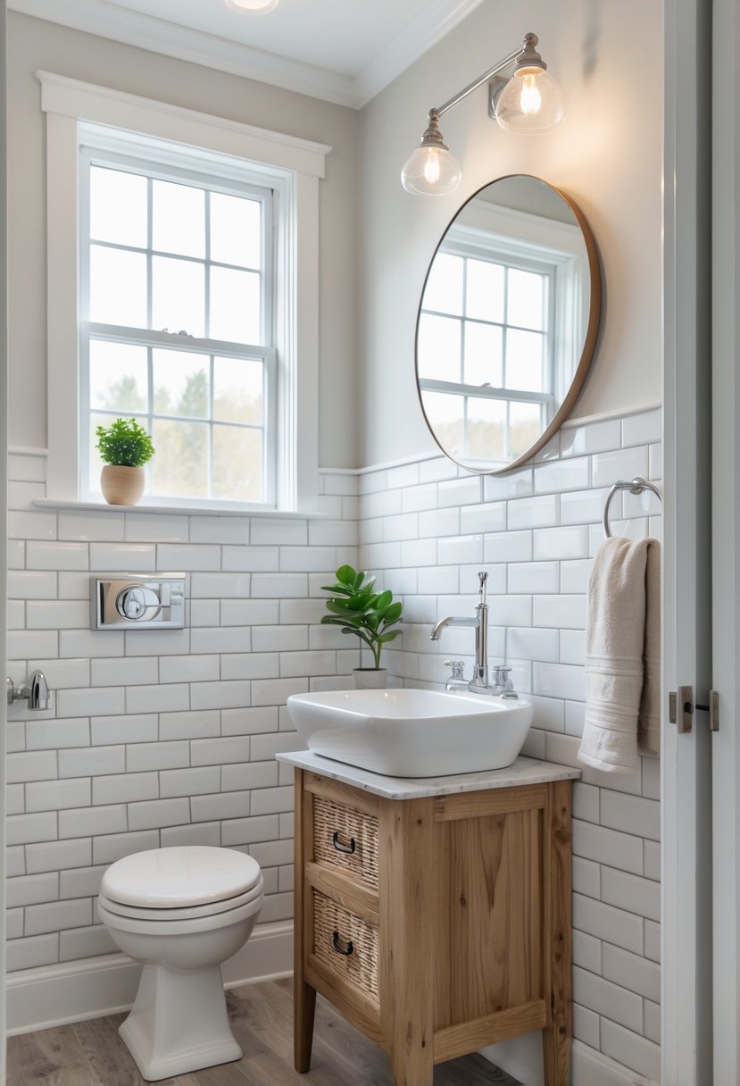 A small bathroom with a white subway tile backsplash, a wooden vanity, a round mirror, and a white sink with chrome fixtures.