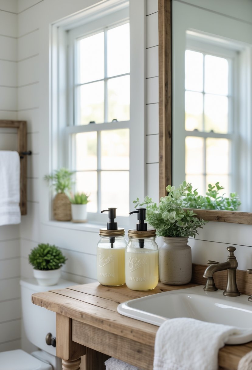 A half bathroom with a rustic wooden countertop holding two Mason jar soap dispensers next to a small sink and a potted plant.