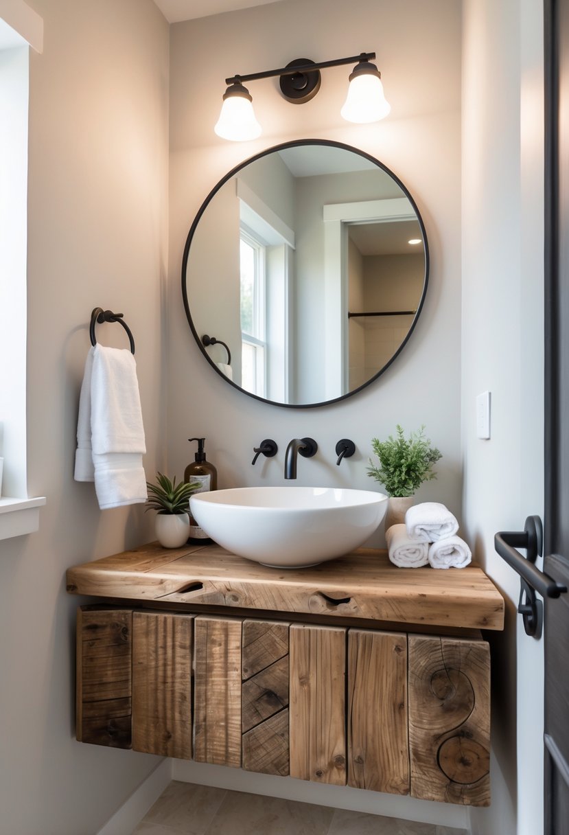 A half bathroom with a reclaimed wood vanity and a white vessel sink, featuring a round mirror and soft natural lighting.