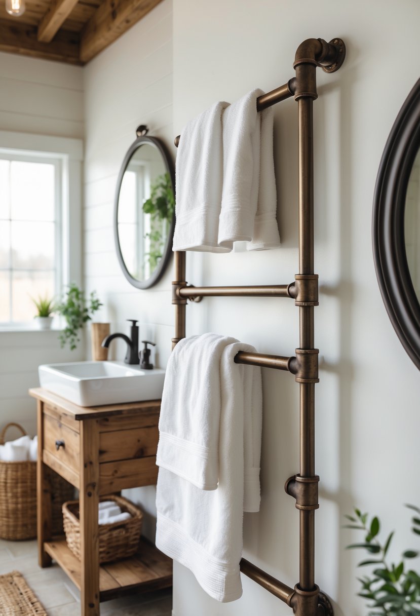 A half bathroom with a bronze exposed pipe towel rack holding white towels above a wooden vanity and a round mirror.