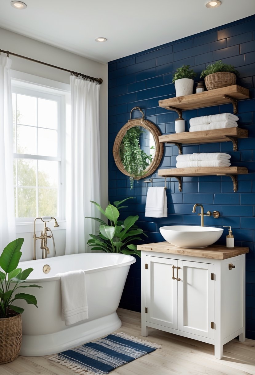 A bathroom with a navy blue tile accent wall, white bathtub, wooden shelves, and a vanity with a vessel sink.
