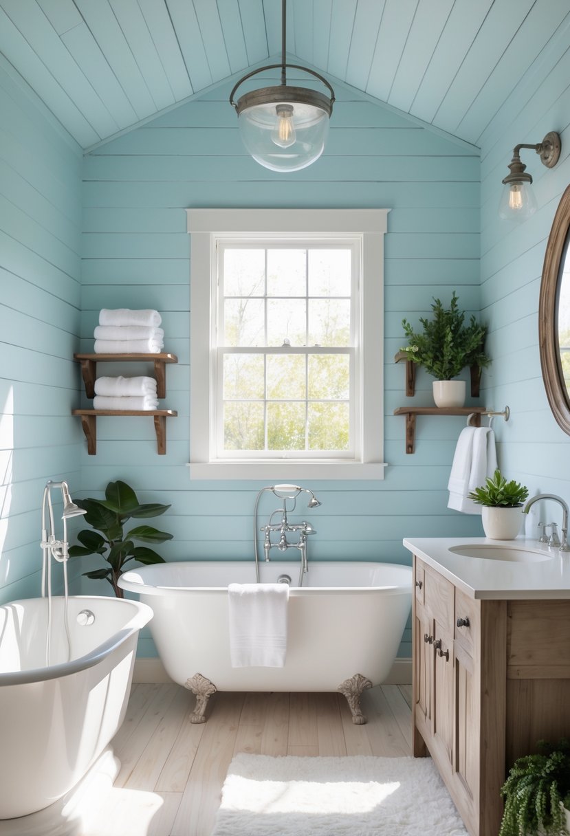 A bathroom with light blue shiplap walls, a white bathtub, wooden vanity, and natural light coming through a window.
