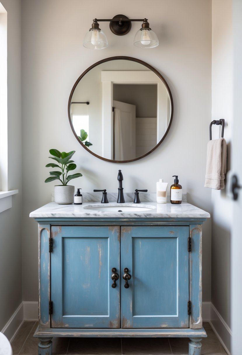 A blue bathroom vanity with a white marble countertop and a round mirror above it in a softly lit bathroom.