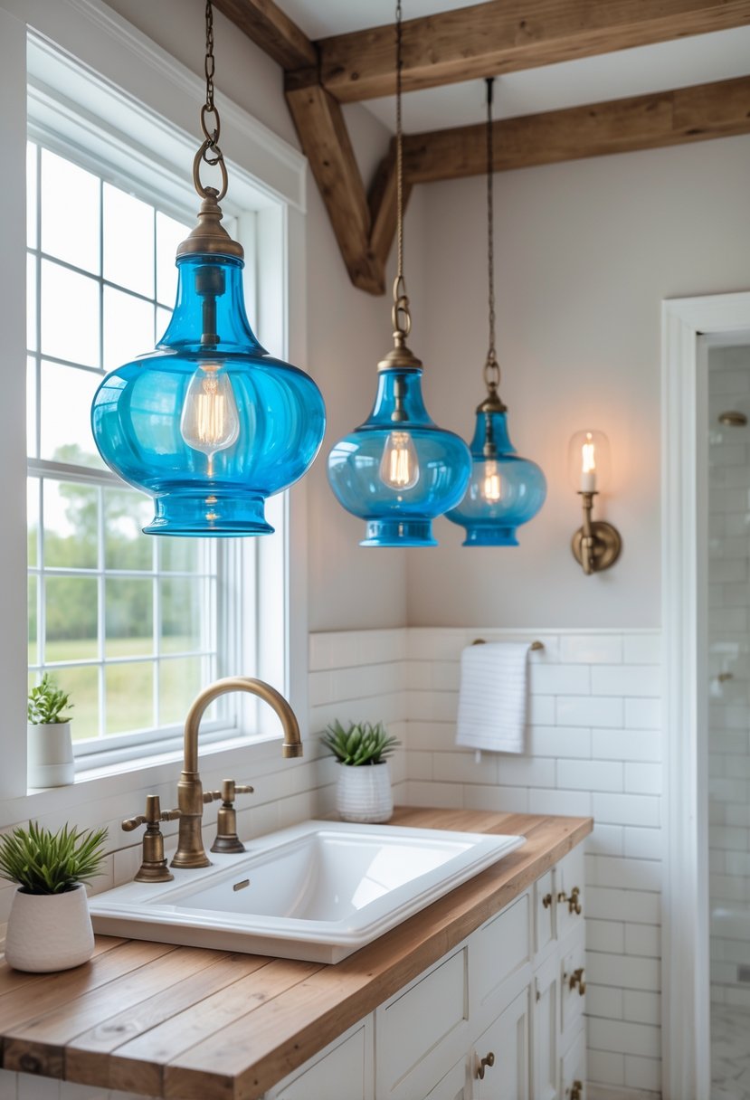 A farmhouse bathroom with blue glass pendant lights hanging above a white vanity with wooden countertop and a sink.