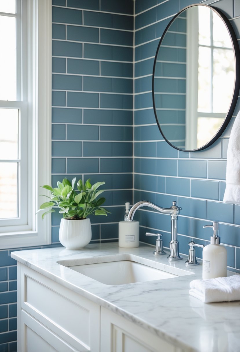 Bathroom sink area with matte blue subway tile backsplash, white countertop, and a round mirror.