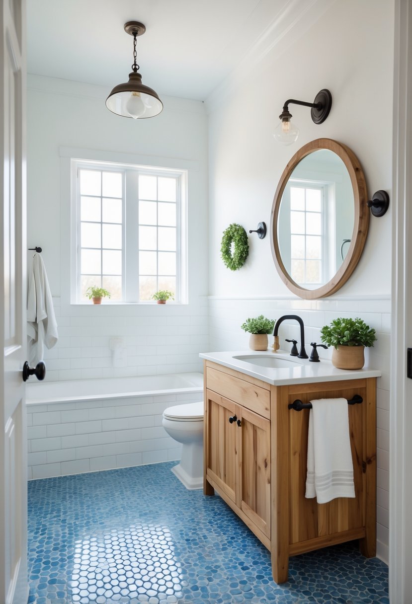 A farmhouse bathroom with blue hexagon tile floor, wooden vanity, white walls, and natural light.