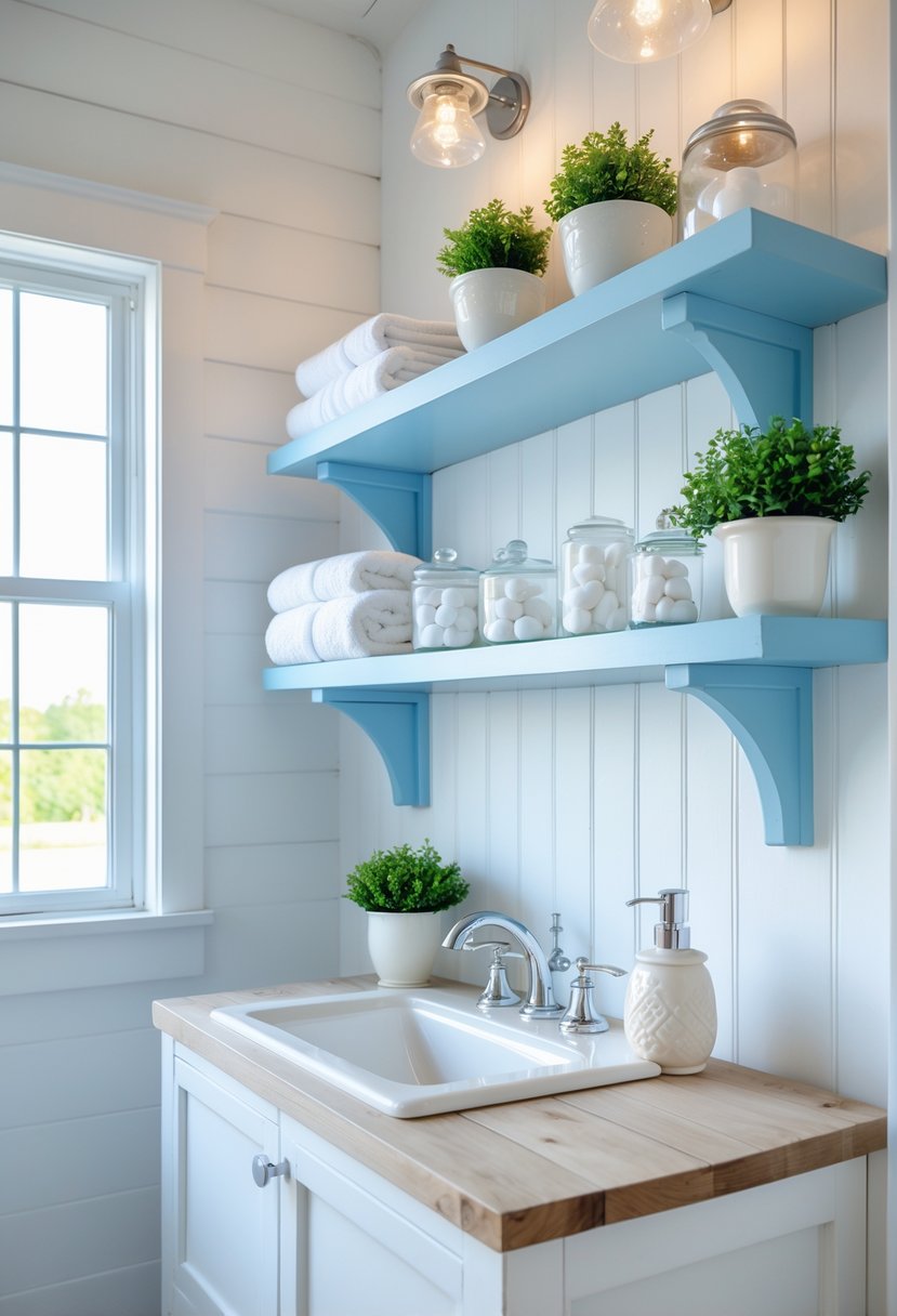 A bright bathroom with sky blue open shelves holding towels and plants above a white vanity with a sink.